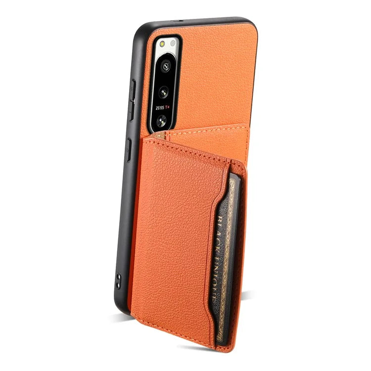 For Sony Xperia 5 IV 5G Case Drop-proof Calf Texture Card Holder Back Cover