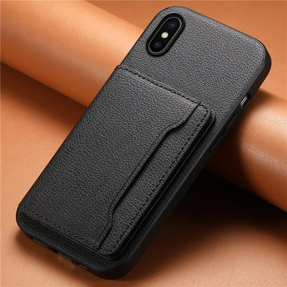 For iPhone X / XS Case Card Slot Calf Texture PU+ PC+TPU Phone Cover with Kickstand