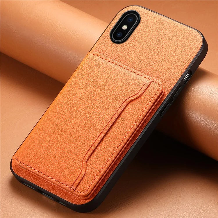 For iPhone X / XS Case Card Slot Calf Texture PU+ PC+TPU Phone Cover with Kickstand