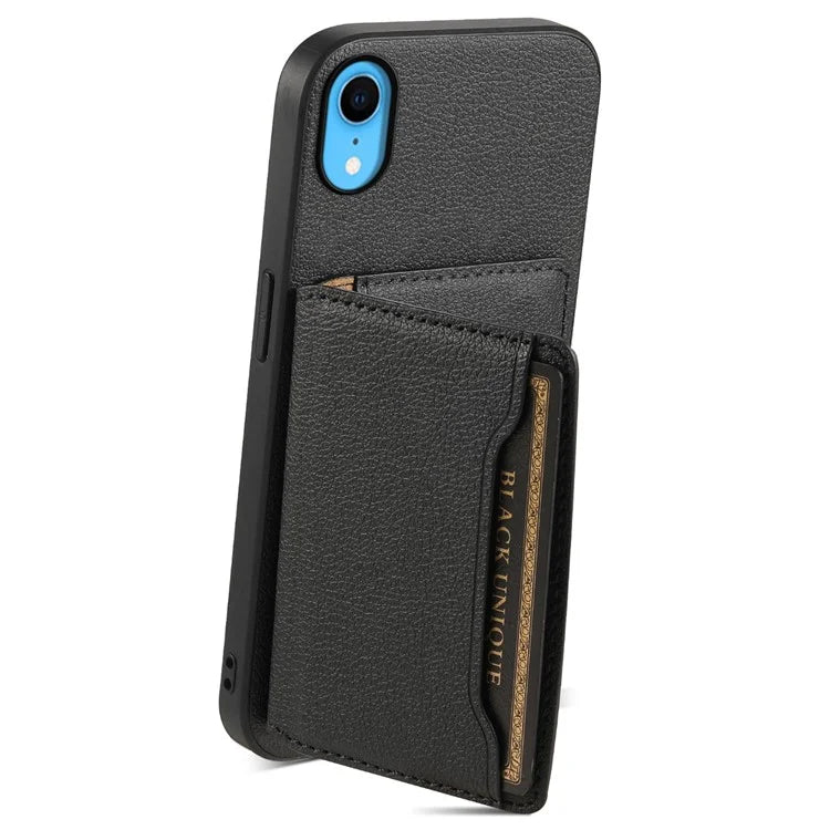 For iPhone XR Case Kickstand Calf Texture PU Leather Coating Phone Cover