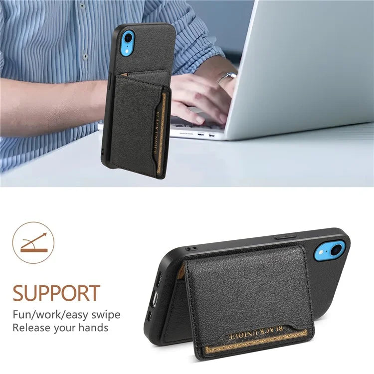 For iPhone XR Case Kickstand Calf Texture PU Leather Coating Phone Cover