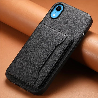 For iPhone XR Case Kickstand Calf Texture PU Leather Coating Phone Cover