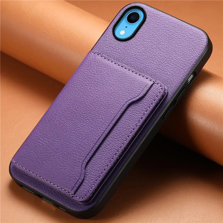 For iPhone XR Case Kickstand Calf Texture PU Leather Coating Phone Cover
