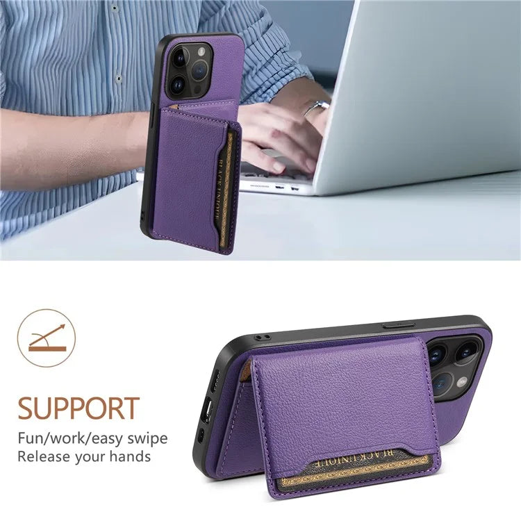 For iPhone 14 Pro Kickstand Case Card Slot Calf Texture PU+ PC+TPU Phone Case