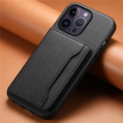 For iPhone 14 Pro Max Case Calf Texture PU Leather Kickstand Shockproof Back Cover