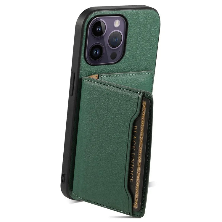 For iPhone 14 Pro Max Case Calf Texture PU Leather Kickstand Shockproof Back Cover