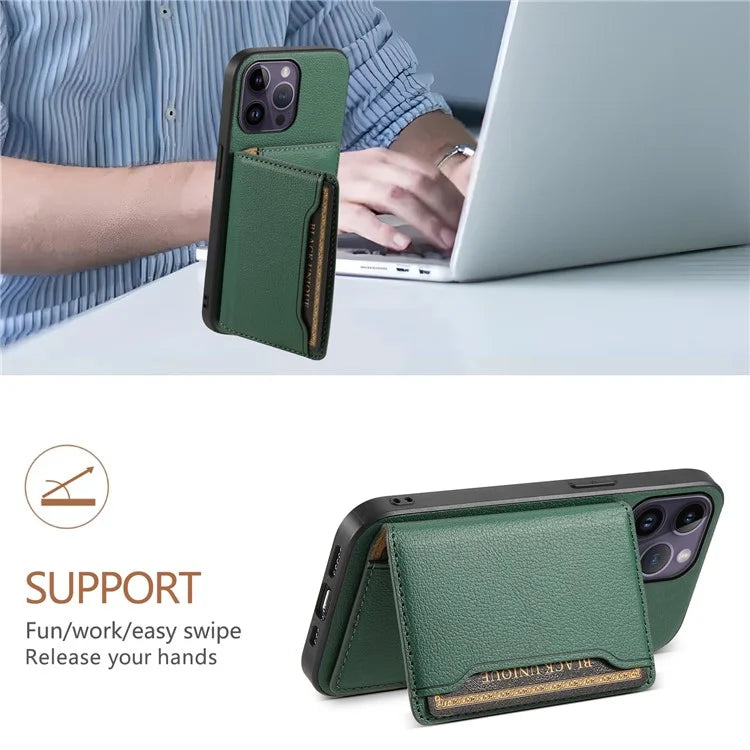 For iPhone 14 Pro Max Case Calf Texture PU Leather Kickstand Shockproof Back Cover