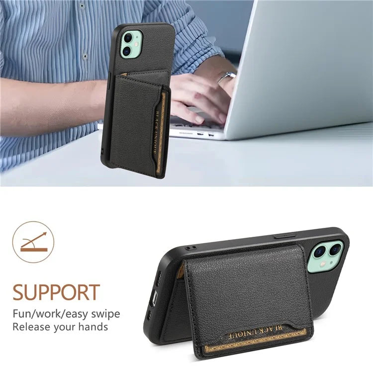 For iPhone 11 Case Leather+PC+TPU Kickstand Phone Shell with Card Holder