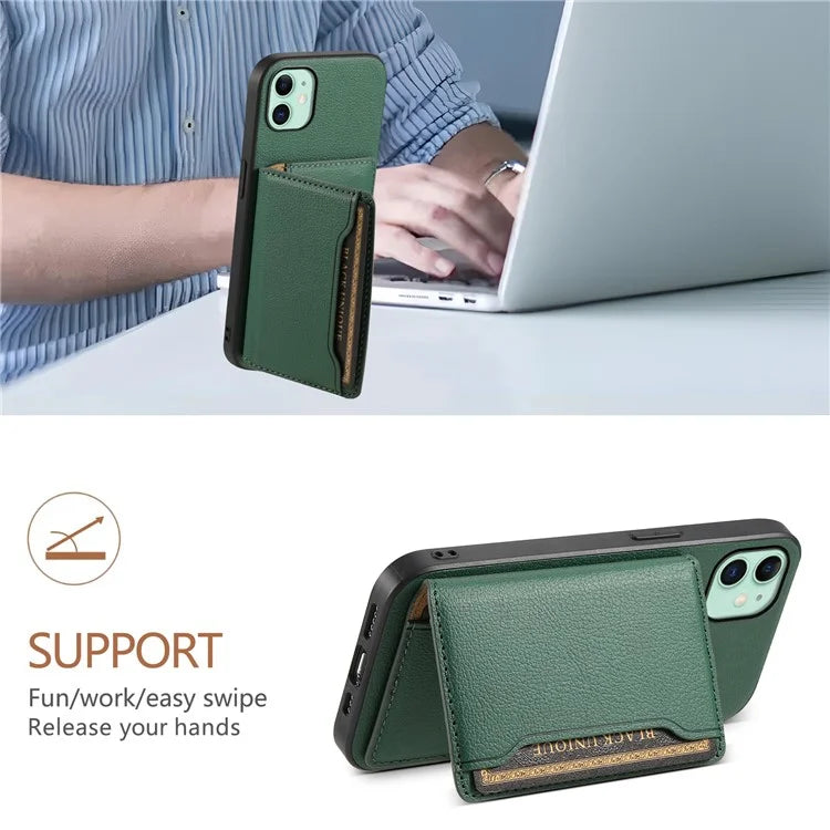 For iPhone 11 Case Leather+PC+TPU Kickstand Phone Shell with Card Holder