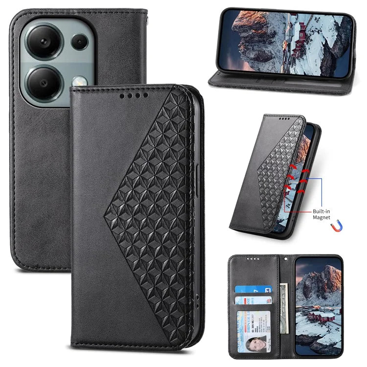 For Xiaomi Redmi Note 13 Pro 4G Case PU Leather Rhombus Imprinted Pattern Wallet Phone Cover