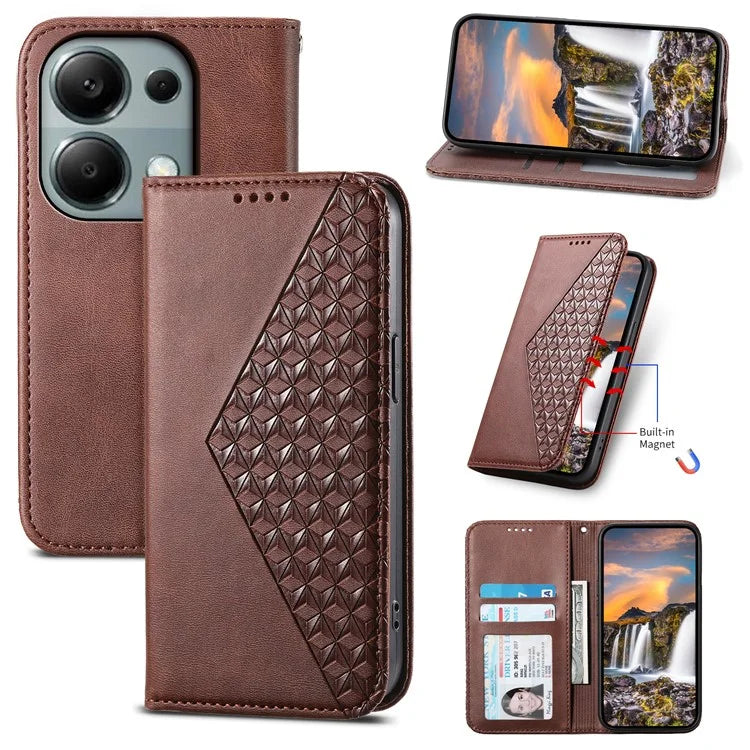 For Xiaomi Redmi Note 13 Pro 4G Case PU Leather Rhombus Imprinted Pattern Wallet Phone Cover