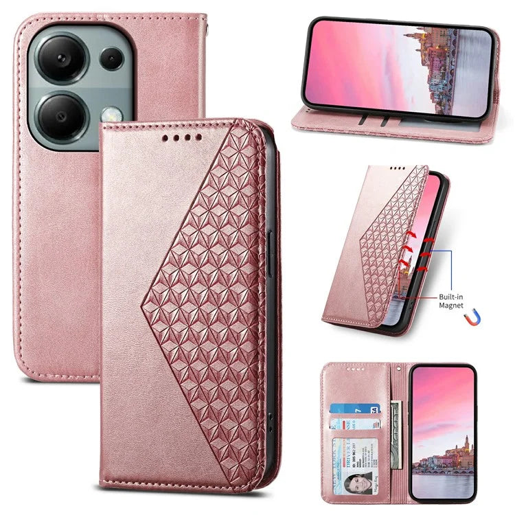 For Xiaomi Redmi Note 13 Pro 4G Case PU Leather Rhombus Imprinted Pattern Wallet Phone Cover