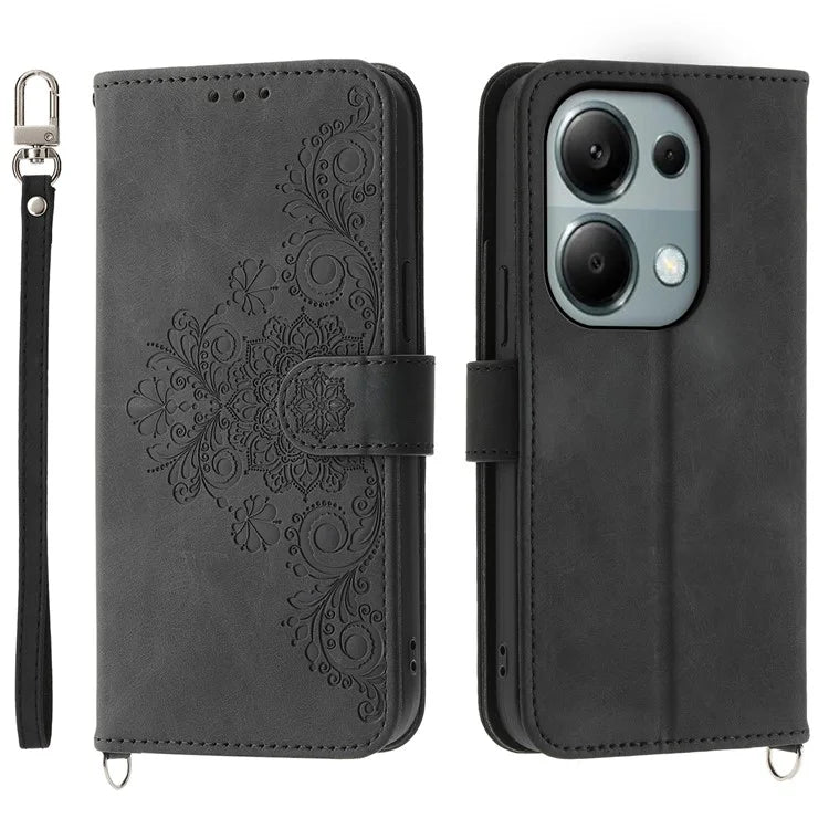 For Xiaomi Redmi Note 13 Pro 4G / Poco M6 Pro 4G Case Flower Pattern Skin-touch Phone Cover with 2 Straps