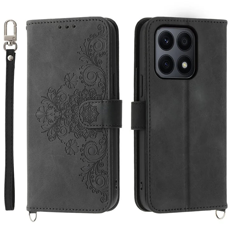 For Honor X8b 4G Wallet Case with Straps Flower Pattern Leather Phone Cover
