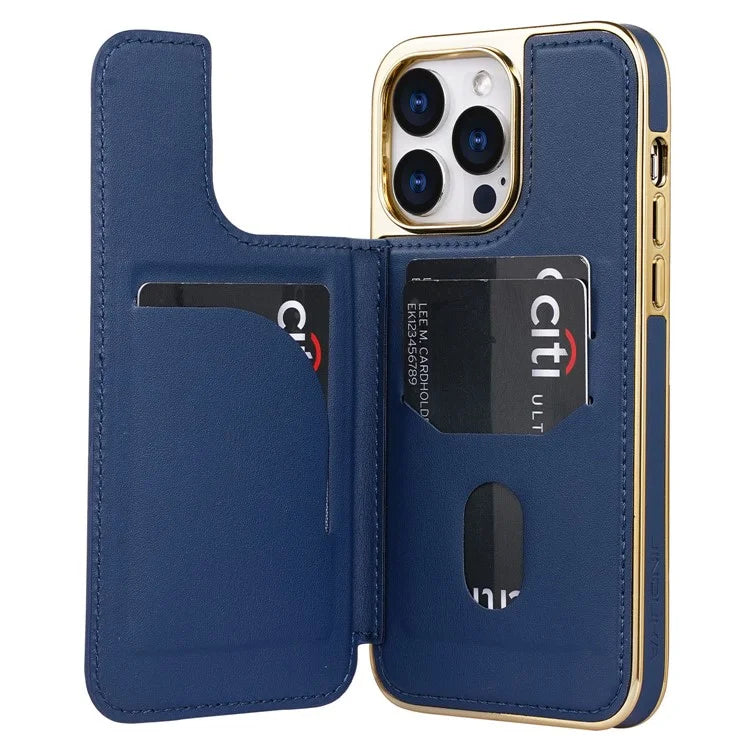 JINDUKA D4 Series for iPhone 13 Pro Case Card Slots Leather Coated PC Phone Cover Stitching Triangle