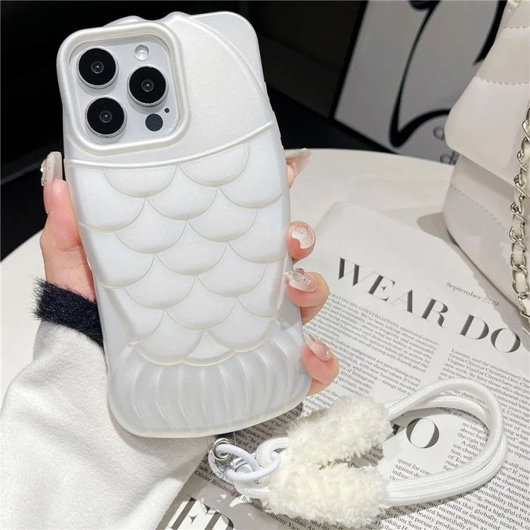 For iPhone 15 Pro Max Protective Case Fish Scale Pattern TPU Phone Cover with Lanyard