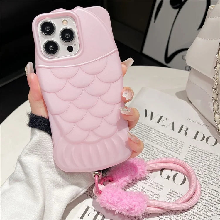 For iPhone 14 Pro Max TPU Case Fish Scale Pattern Anti-Drop Slim Phone Cover with Strap