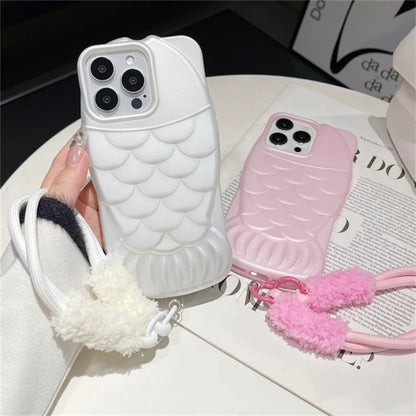 For iPhone 13 Pro Max Slim Case Fish Scale Pattern Lanyard Design TPU Phone Cover