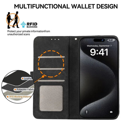 ABEEL For iPhone 15 Pro Max PU Leather Cover RFID Blocking Stand Phone Protective Case
