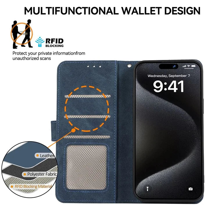 ABEEL For iPhone 15 Pro Max PU Leather Cover RFID Blocking Stand Phone Protective Case