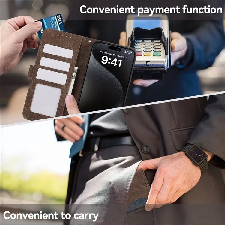 ABEEL For iPhone 15 Pro Max PU Leather Cover RFID Blocking Stand Phone Protective Case