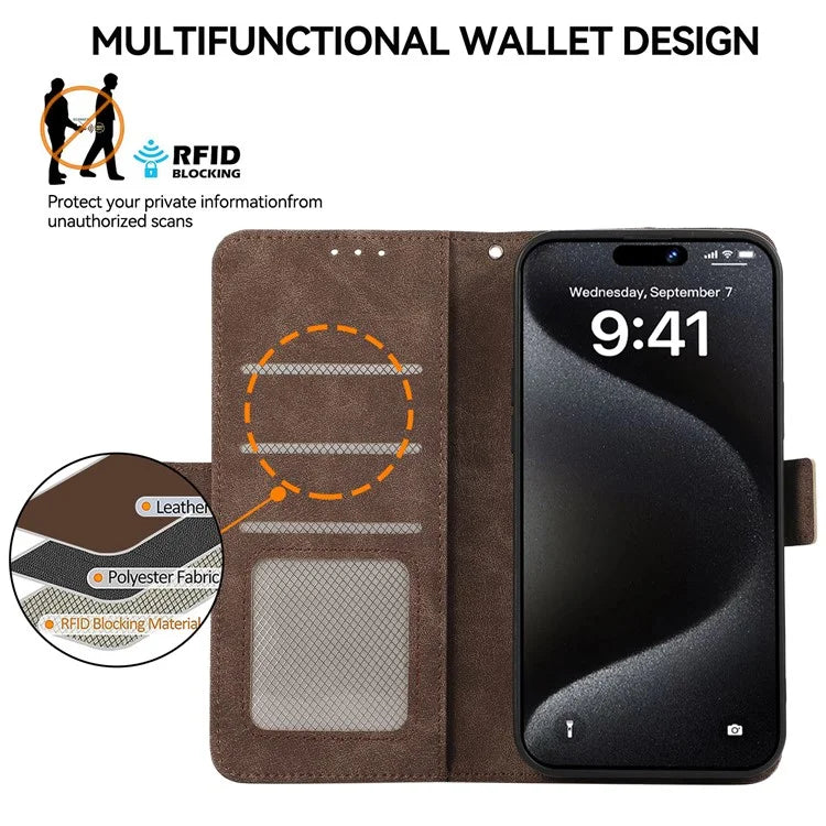 ABEEL For iPhone 15 Pro Max Wallet Case PU Leather Stand Blocking RFID Phone Cover