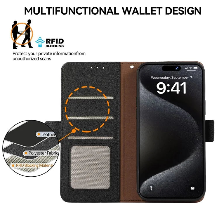 ABEEL For iPhone 15 Pro Max Case RFID Blocking Leather Phone Cover Side Magnetic Clasp