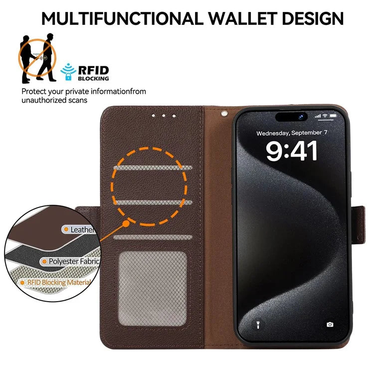 ABEEL For iPhone 15 Pro Max Case RFID Blocking Leather Phone Cover Side Magnetic Clasp