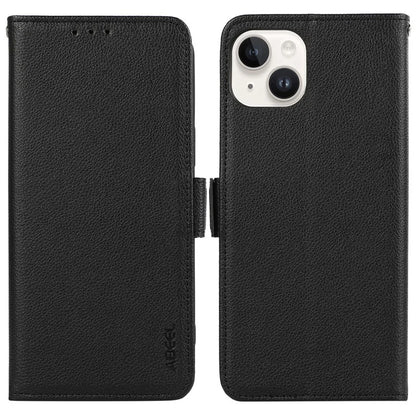 ABEEL For iPhone 15 Plus Leather Case RFID Blocking Wallet Litchi Texture Phone Cover