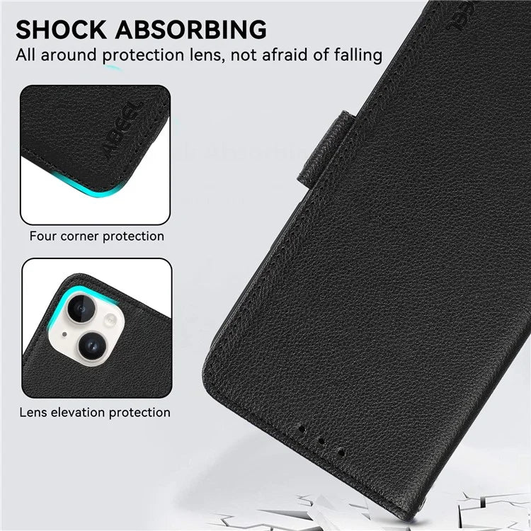 ABEEL For iPhone 15 Plus Leather Case RFID Blocking Wallet Litchi Texture Phone Cover