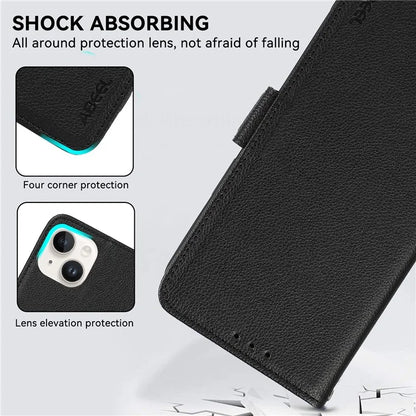 ABEEL For iPhone 15 Plus Leather Case RFID Blocking Wallet Litchi Texture Phone Cover