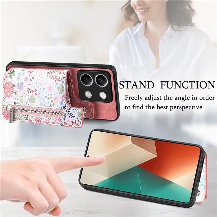 D10 For Xiaomi Redmi Note 13 5G Back Case Pattern Printed Card Bag TPU+Leather Phone Cover