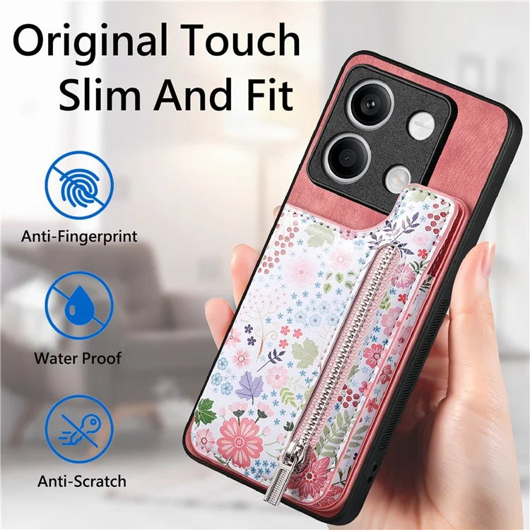 D10 For Xiaomi Redmi Note 13 5G Back Case Pattern Printed Card Bag TPU+Leather Phone Cover