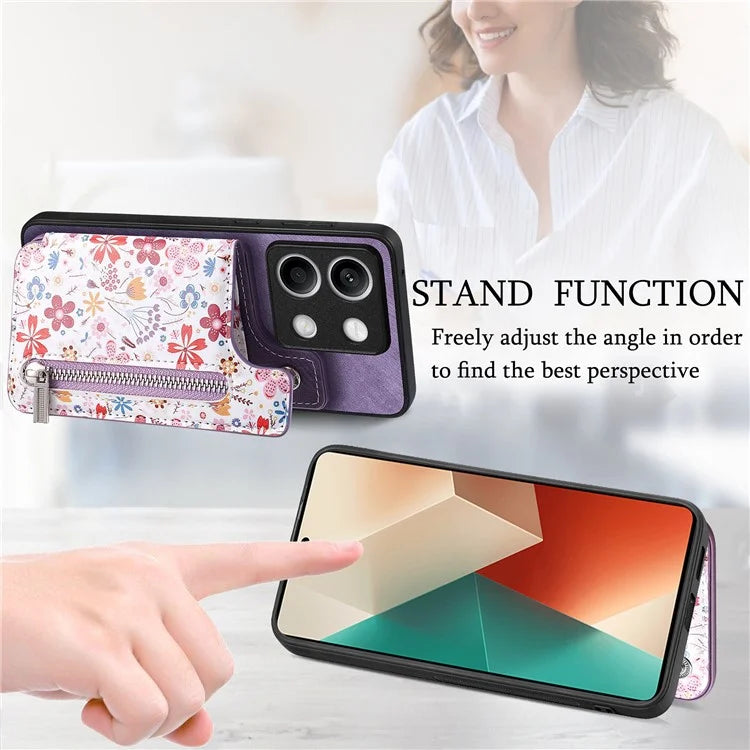 D10 For Xiaomi Redmi Note 13 5G Back Case Pattern Printed Card Bag TPU+Leather Phone Cover