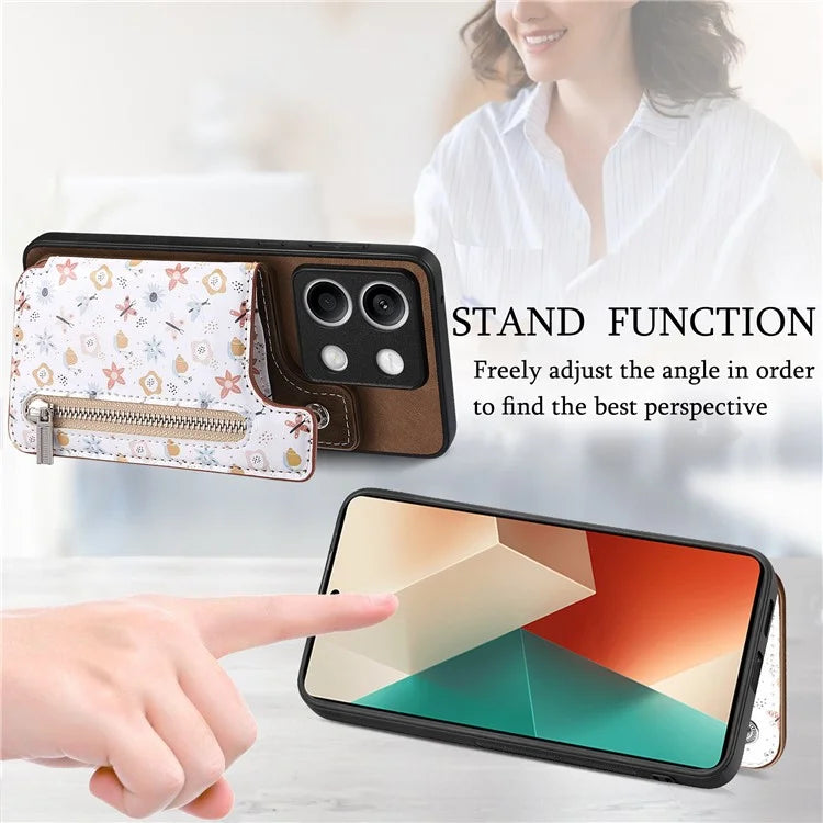 D10 For Xiaomi Redmi Note 13 5G Back Case Pattern Printed Card Bag TPU+Leather Phone Cover