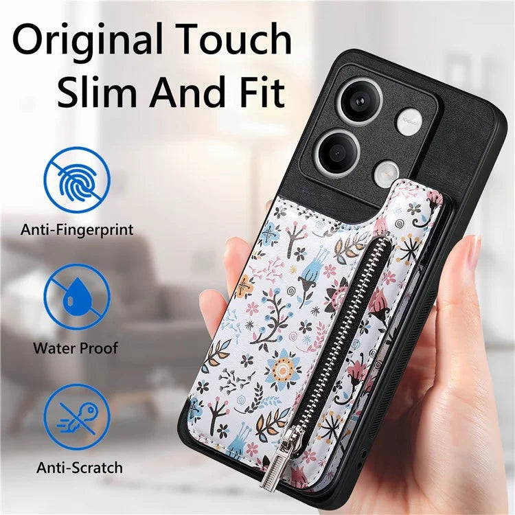 D10 For Xiaomi Redmi Note 13 5G Back Case Pattern Printed Card Bag TPU+Leather Phone Cover