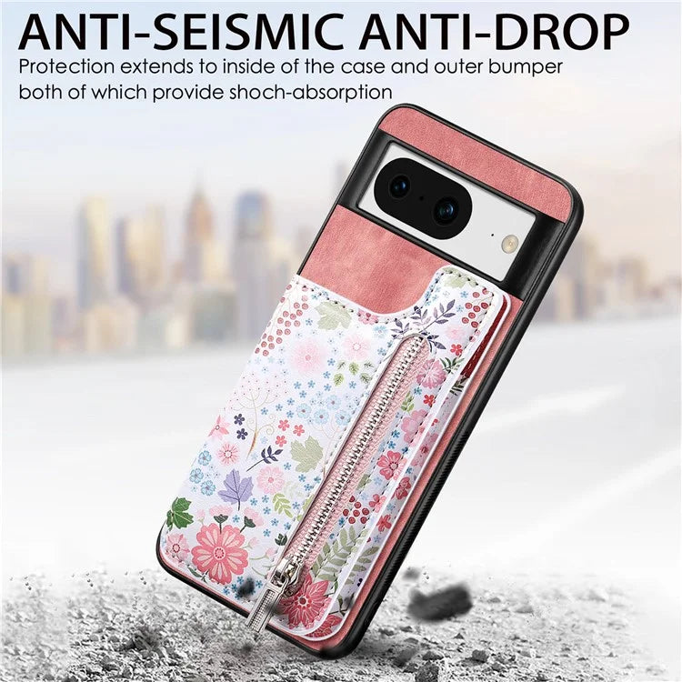 D10 For Google Pixel 8 Phone Protective Cover Colorful Printed Card Holder Zipper Design