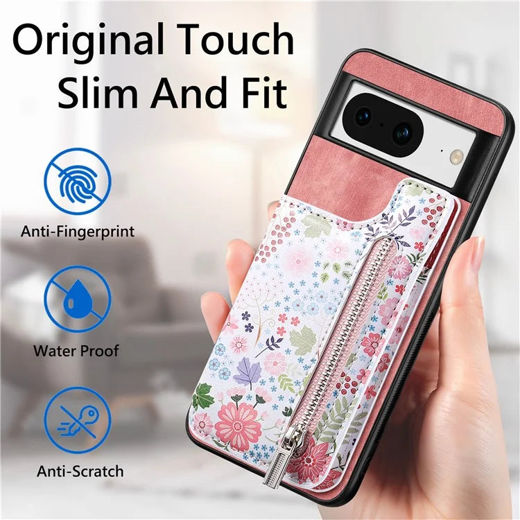 D10 For Google Pixel 8 Phone Protective Cover Colorful Printed Card Holder Zipper Design