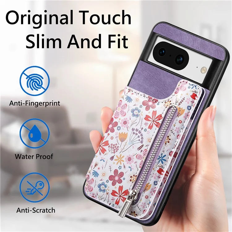 D10 For Google Pixel 8 Phone Protective Cover Colorful Printed Card Holder Zipper Design