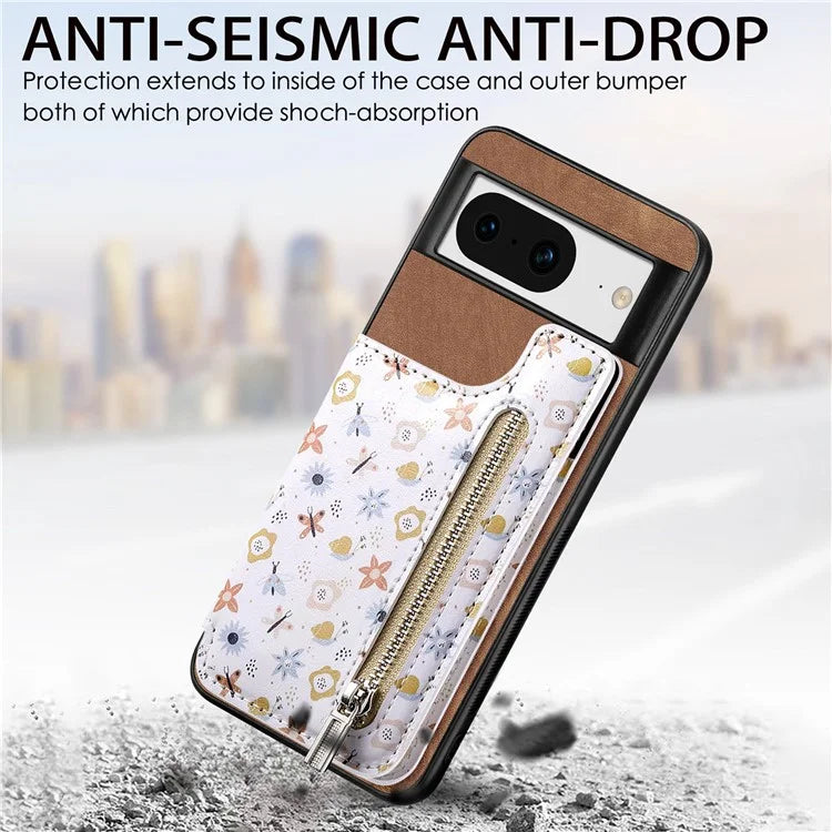 D10 For Google Pixel 8 Phone Protective Cover Colorful Printed Card Holder Zipper Design