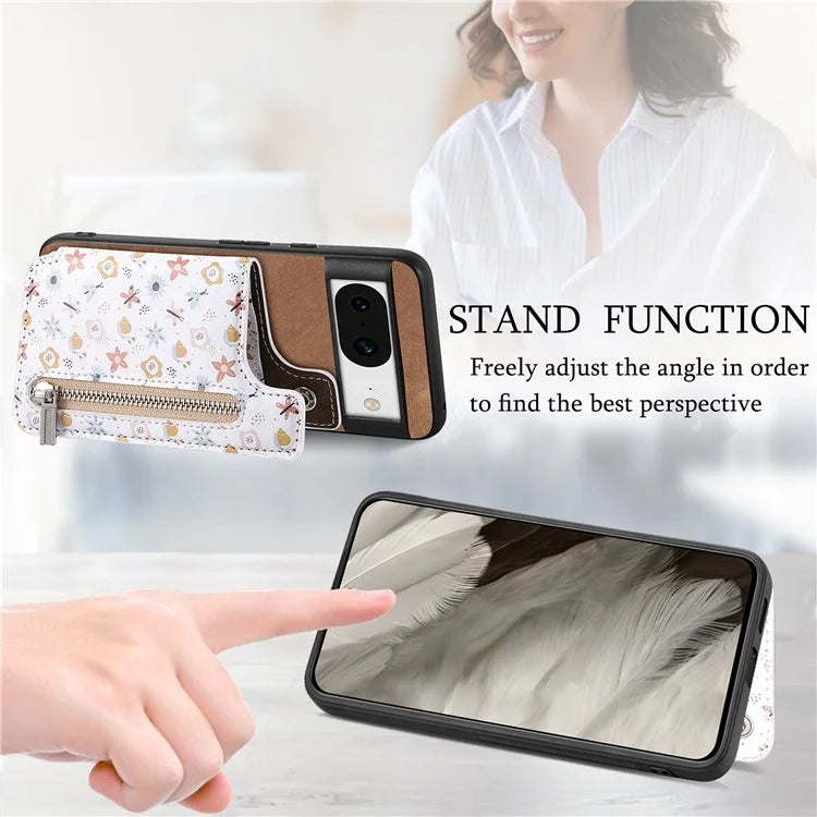 D10 For Google Pixel 8 Phone Protective Cover Colorful Printed Card Holder Zipper Design
