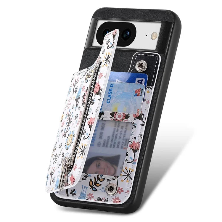 D10 For Google Pixel 8 Phone Protective Cover Colorful Printed Card Holder Zipper Design