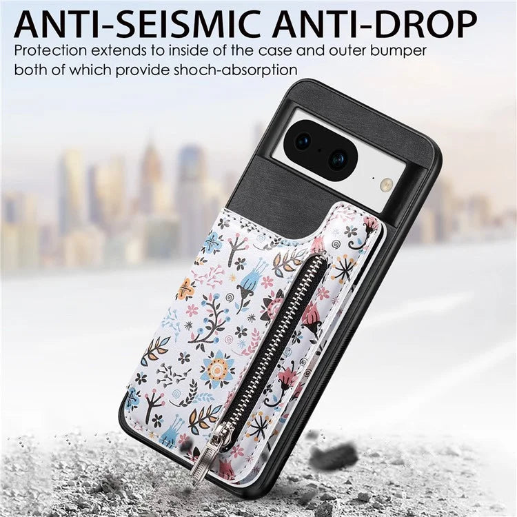 D10 For Google Pixel 8 Phone Protective Cover Colorful Printed Card Holder Zipper Design