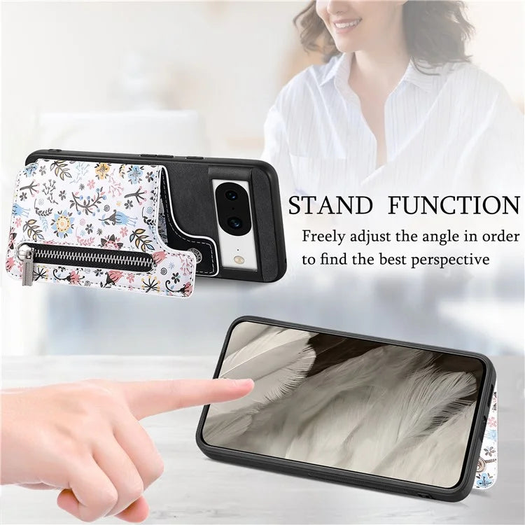 D10 For Google Pixel 8 Phone Protective Cover Colorful Printed Card Holder Zipper Design