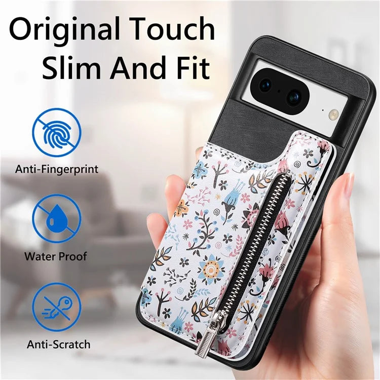 D10 For Google Pixel 8 Phone Protective Cover Colorful Printed Card Holder Zipper Design