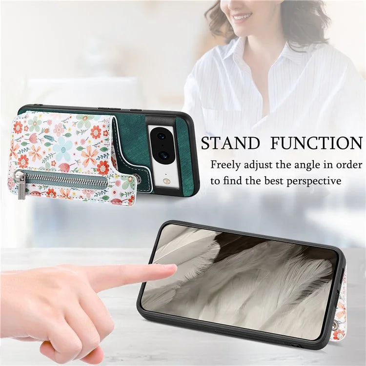D10 For Google Pixel 8 Phone Protective Cover Colorful Printed Card Holder Zipper Design