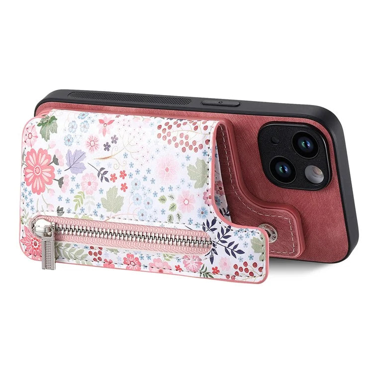 D10 For iPhone 15 Cell Phone Case Pattern Printing Card Bag Zipper Wallet Protective Cover