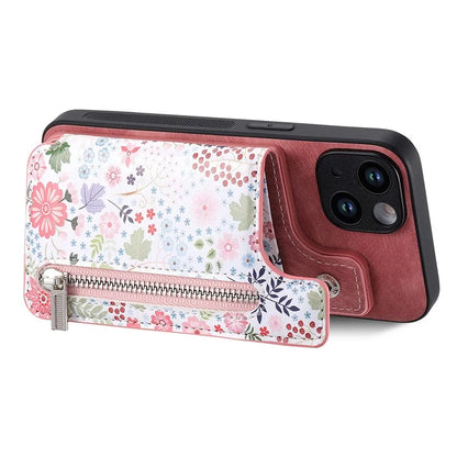 D10 For iPhone 15 Cell Phone Case Pattern Printing Card Bag Zipper Wallet Protective Cover