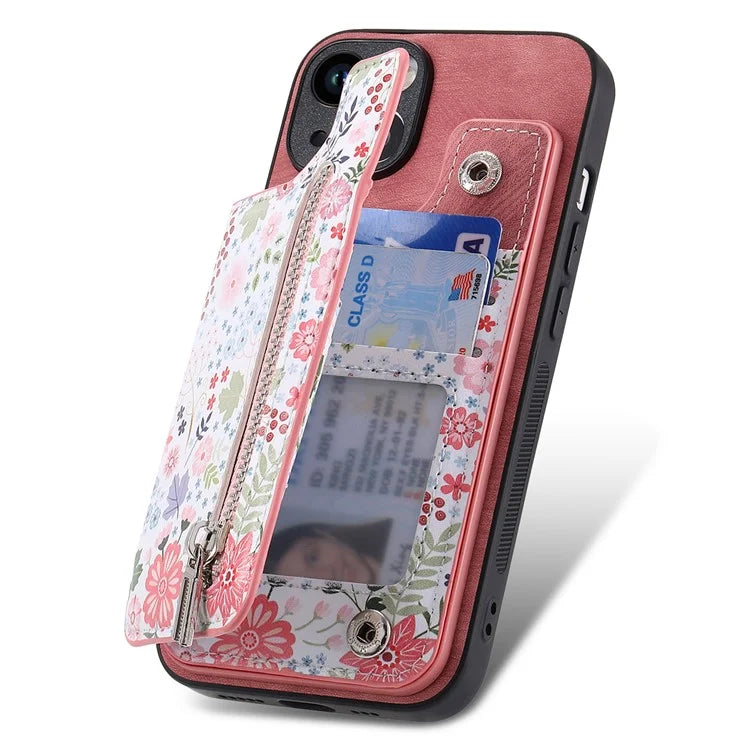 D10 For iPhone 15 Cell Phone Case Pattern Printing Card Bag Zipper Wallet Protective Cover