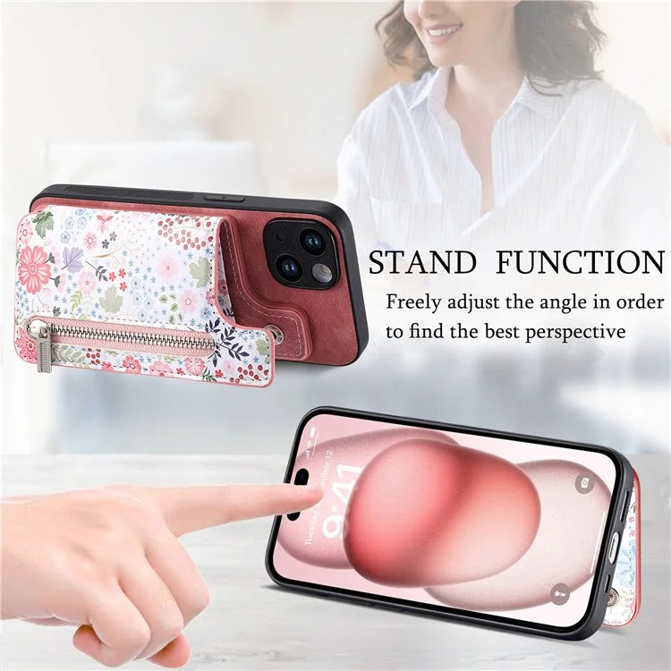 D10 For iPhone 15 Cell Phone Case Pattern Printing Card Bag Zipper Wallet Protective Cover